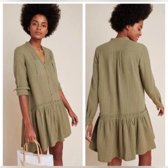 Anthropologie / Maeve Green Cotton Gauze  Katie Utility Tunic Dress 6 - Picture 1 of 8